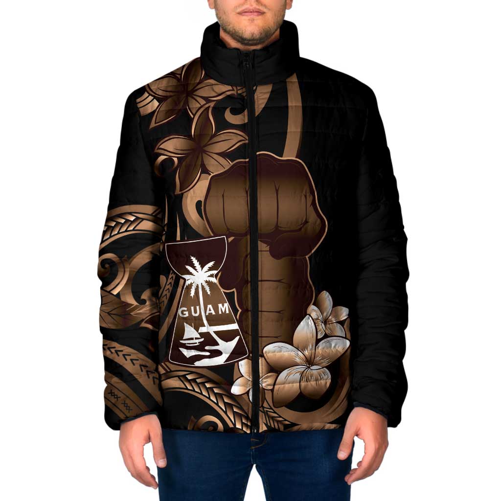 Brown Hafa Adai Guam Padded Jacket Chamorro Latte Stone Hand With Plumeria - Polynesian Pride