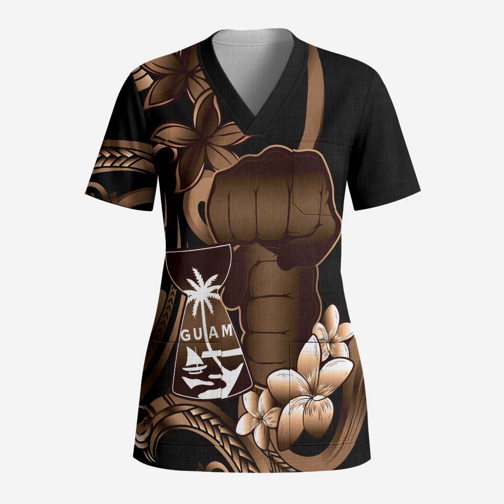 Brown Hafa Adai Guam Scrub Top Chamorro Latte Stone Hand With Plumeria - Polynesian Pride
