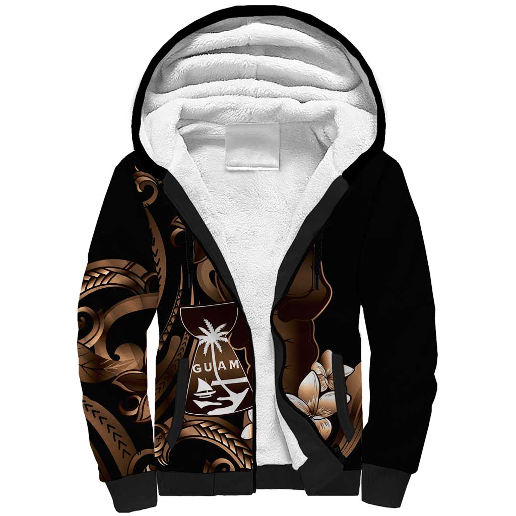 Brown Hafa Adai Guam Sherpa Hoodie Chamorro Latte Stone Hand With Plumeria