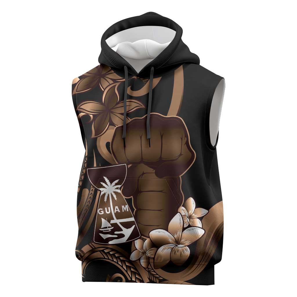 Brown Hafa Adai Guam Sleeveless Hoodie Chamorro Latte Stone Hand With Plumeria - Polynesian Pride