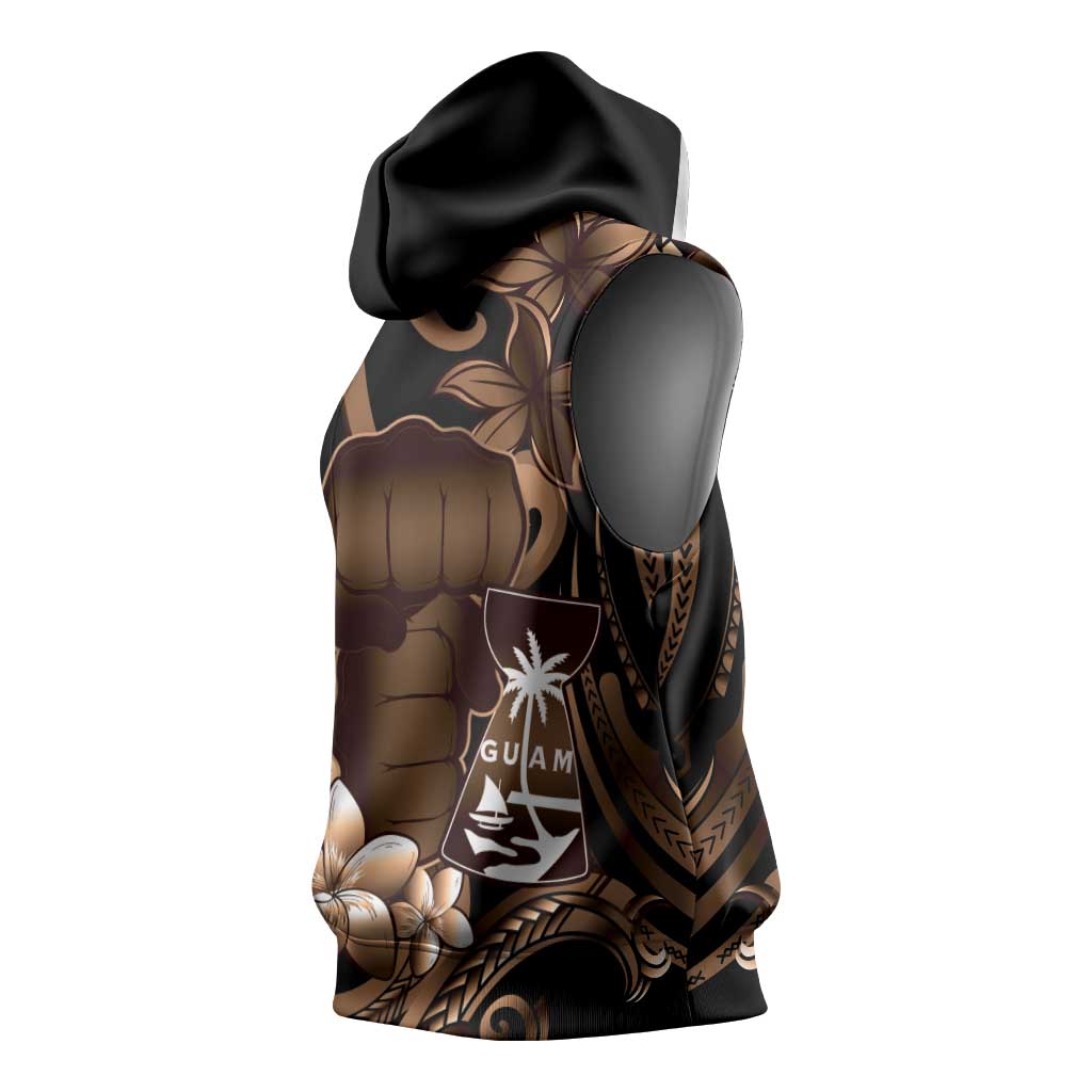 Brown Hafa Adai Guam Sleeveless Hoodie Chamorro Latte Stone Hand With Plumeria - Polynesian Pride