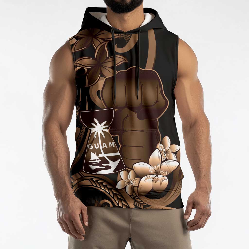 Brown Hafa Adai Guam Sleeveless Hoodie Chamorro Latte Stone Hand With Plumeria - Polynesian Pride