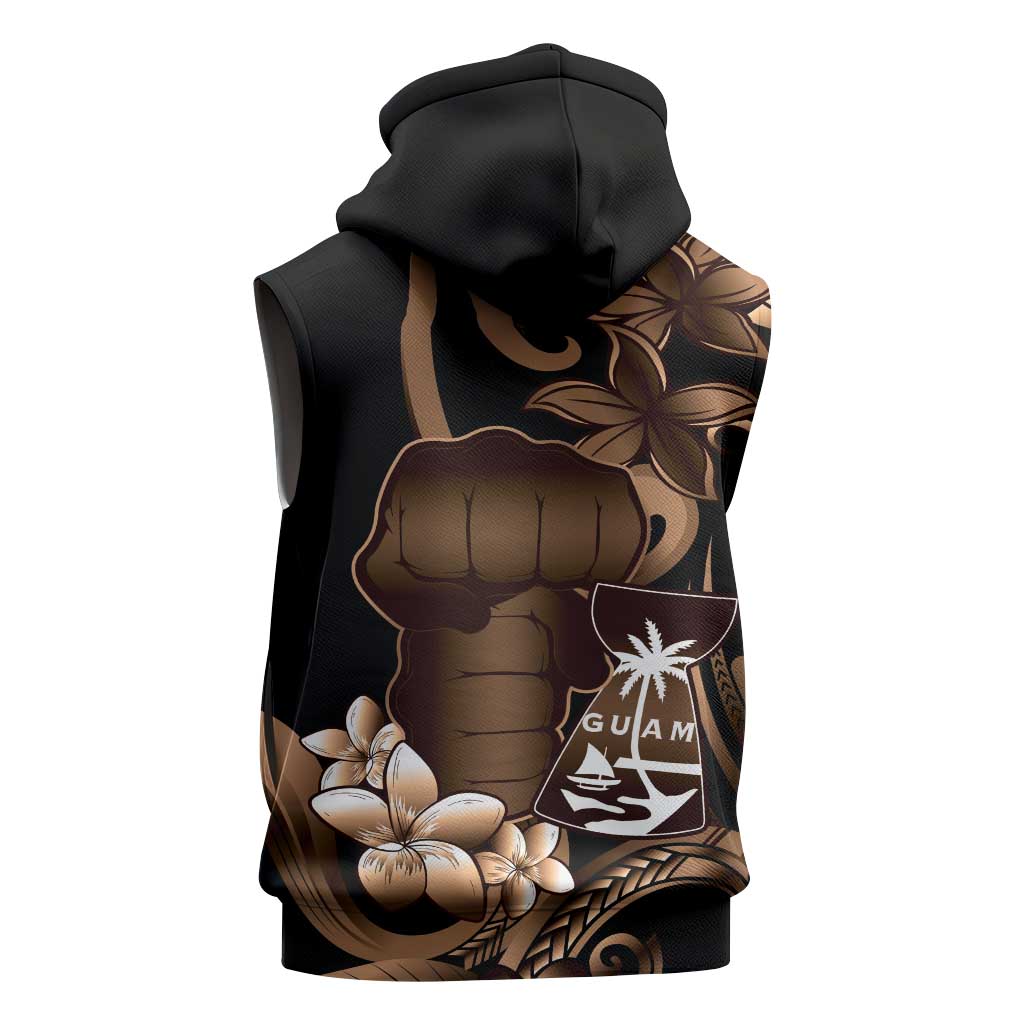 Brown Hafa Adai Guam Sleeveless Zip Hoodie Chamorro Latte Stone Hand With Plumeria - Polynesian Pride