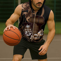 Brown Hafa Adai Guam Sleeveless Zip Hoodie Chamorro Latte Stone Hand With Plumeria - Polynesian Pride