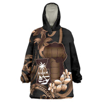 Brown Hafa Adai Guam Wearable Blanket Hoodie Chamorro Latte Stone Hand With Plumeria