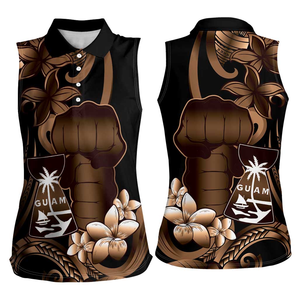Brown Hafa Adai Guam Women Sleeveless Polo Shirt Chamorro Latte Stone Hand With Plumeria