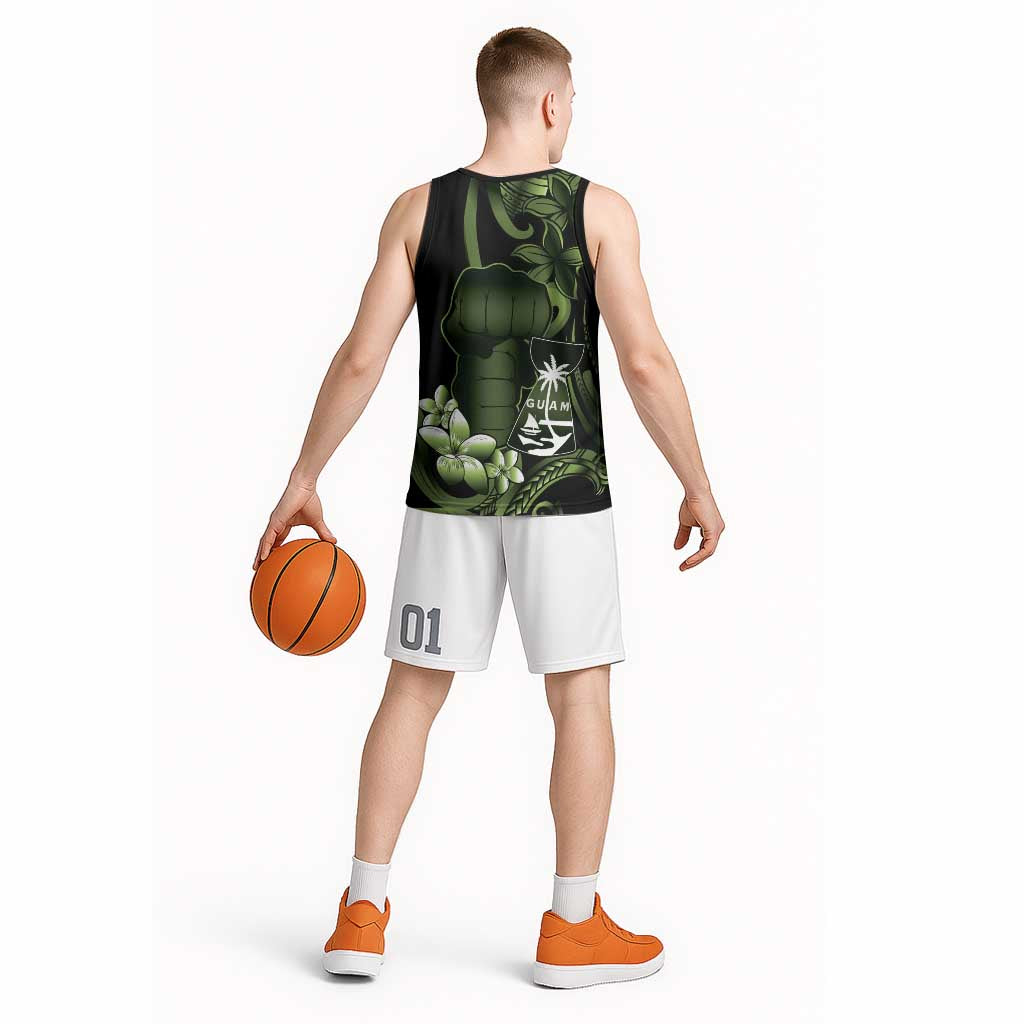 Green Hafa Adai Guam Basketball Jersey Chamorro Latte Stone Hand With Plumeria - Polynesian Pride