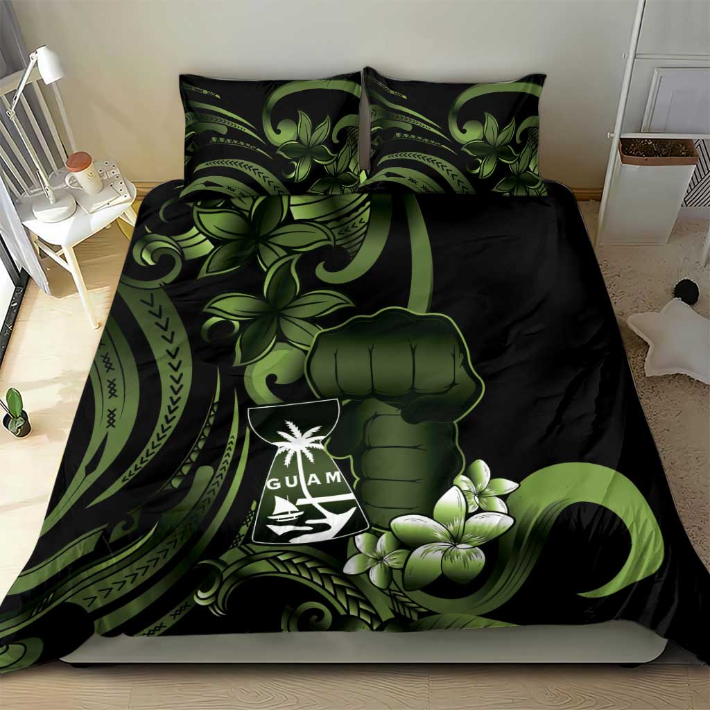 Green Hafa Adai Guam Bedding Set Chamorro Latte Stone Hand With Plumeria