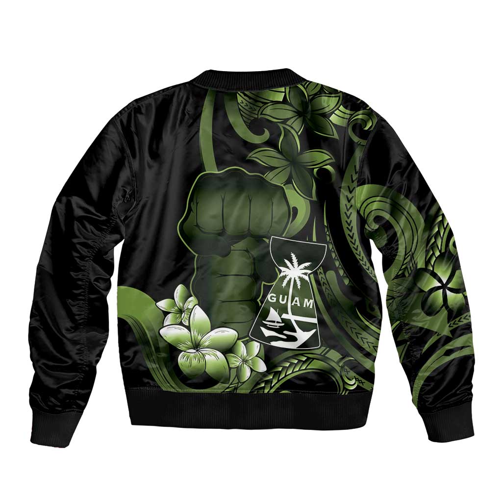 Green Hafa Adai Guam Bomber Jacket Chamorro Latte Stone Hand With Plumeria