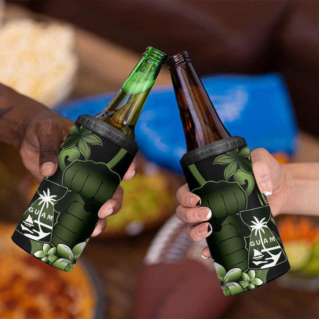 Green Hafa Adai Guam 4 in 1 Can Cooler Tumbler Chamorro Latte Stone Hand With Plumeria