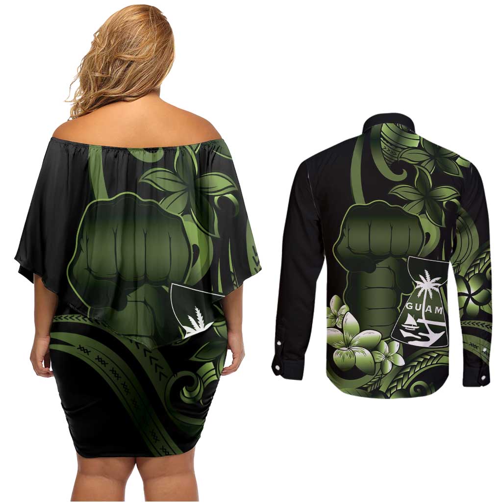 Green Hafa Adai Guam Couples Matching Off Shoulder Short Dress and Long Sleeve Button Shirt Chamorro Latte Stone Hand With Plumeria