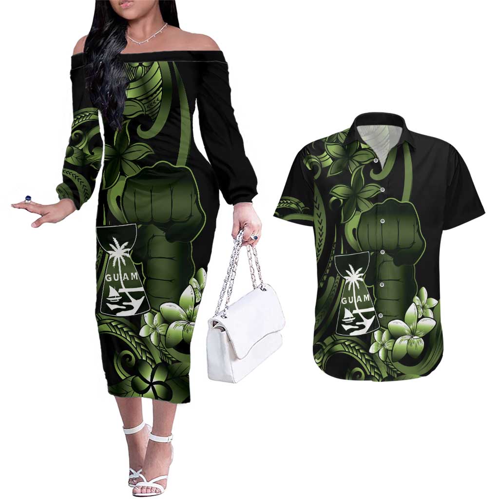 Green Hafa Adai Guam Couples Matching Off The Shoulder Long Sleeve Dress and Hawaiian Shirt Chamorro Latte Stone Hand With Plumeria LT14 Green - Polynesian Pride