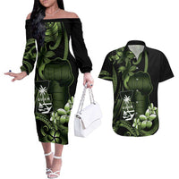 Green Hafa Adai Guam Couples Matching Off The Shoulder Long Sleeve Dress and Hawaiian Shirt Chamorro Latte Stone Hand With Plumeria LT14 Green - Polynesian Pride