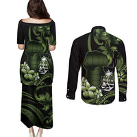 Green Hafa Adai Guam Couples Matching Puletasi and Long Sleeve Button Shirt Chamorro Latte Stone Hand With Plumeria
