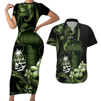 Green Hafa Adai Guam Couples Matching Short Sleeve Bodycon Dress and Hawaiian Shirt Chamorro Latte Stone Hand With Plumeria