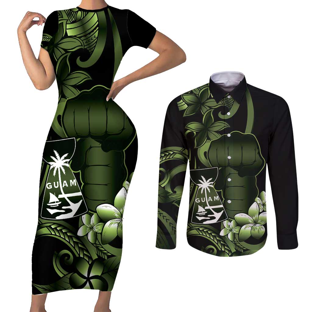 Green Hafa Adai Guam Couples Matching Short Sleeve Bodycon Dress and Long Sleeve Button Shirt Chamorro Latte Stone Hand With Plumeria