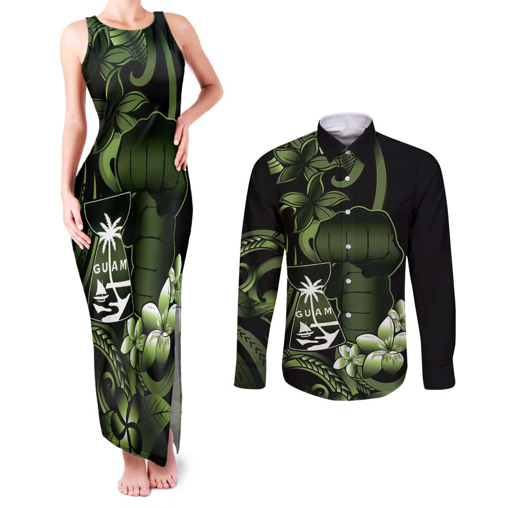 Green Hafa Adai Guam Couples Matching Tank Maxi Dress and Long Sleeve Button Shirt Chamorro Latte Stone Hand With Plumeria