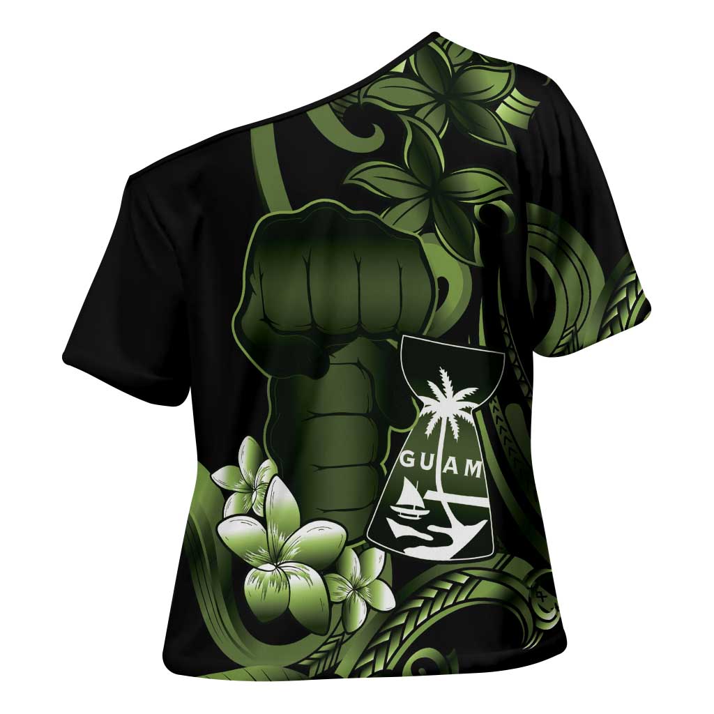 Green Hafa Adai Guam Cross Shoulder Shirt Chamorro Latte Stone Hand With Plumeria - Polynesian Pride