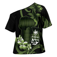 Green Hafa Adai Guam Cross Shoulder Shirt Chamorro Latte Stone Hand With Plumeria - Polynesian Pride