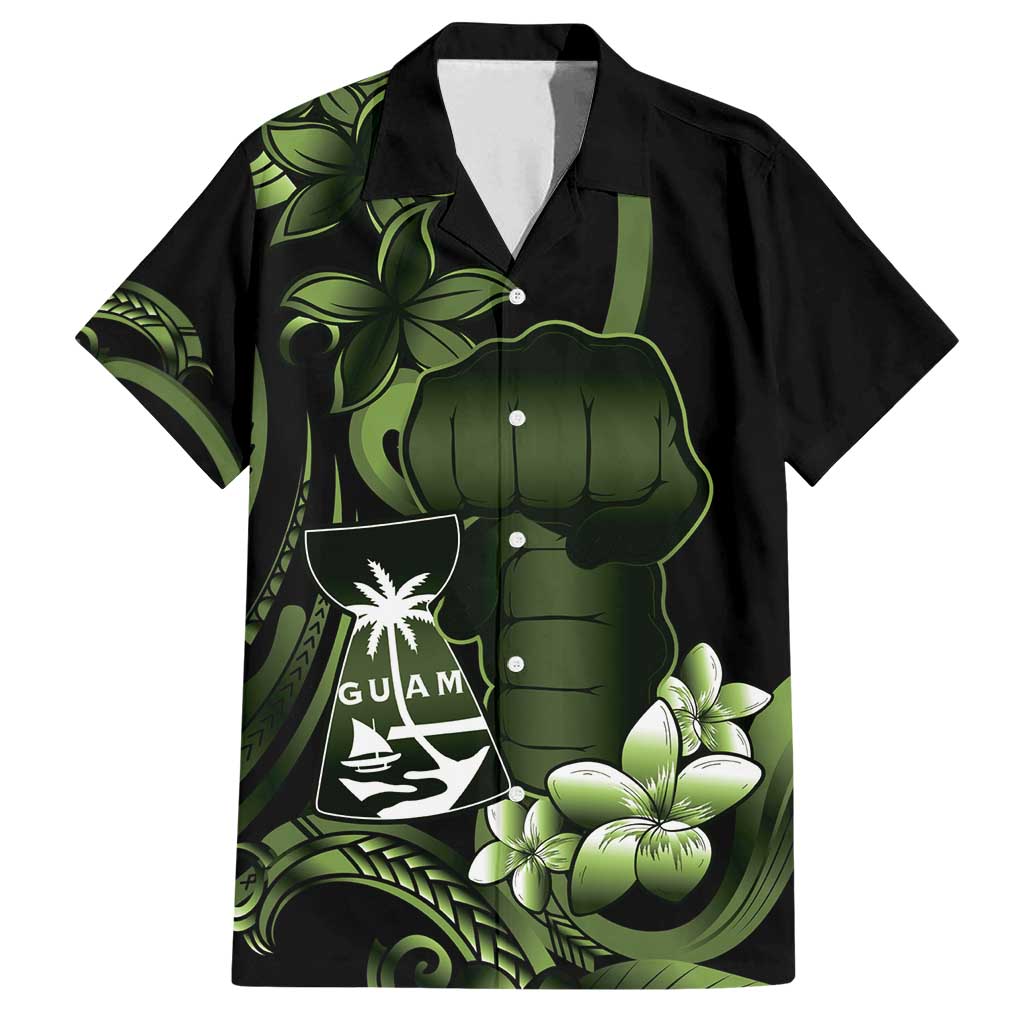 Green Hafa Adai Guam Family Matching Long Sleeve Bodycon Dress and Hawaiian Shirt Chamorro Latte Stone Hand With Plumeria