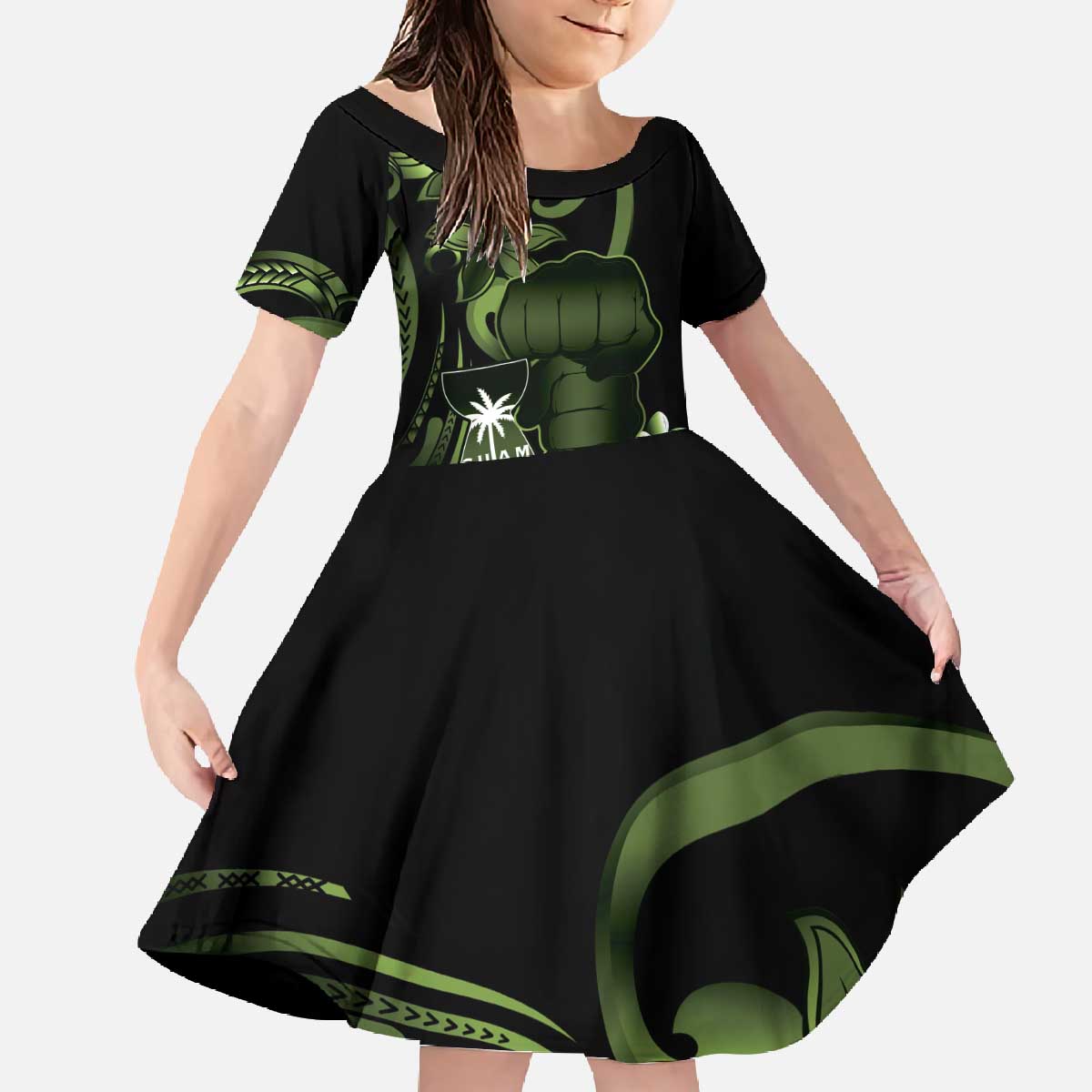 Green Hafa Adai Guam Family Matching Off The Shoulder Long Sleeve Dress and Hawaiian Shirt Chamorro Latte Stone Hand With Plumeria LT14 Daughter's Dress Green - Polynesian Pride