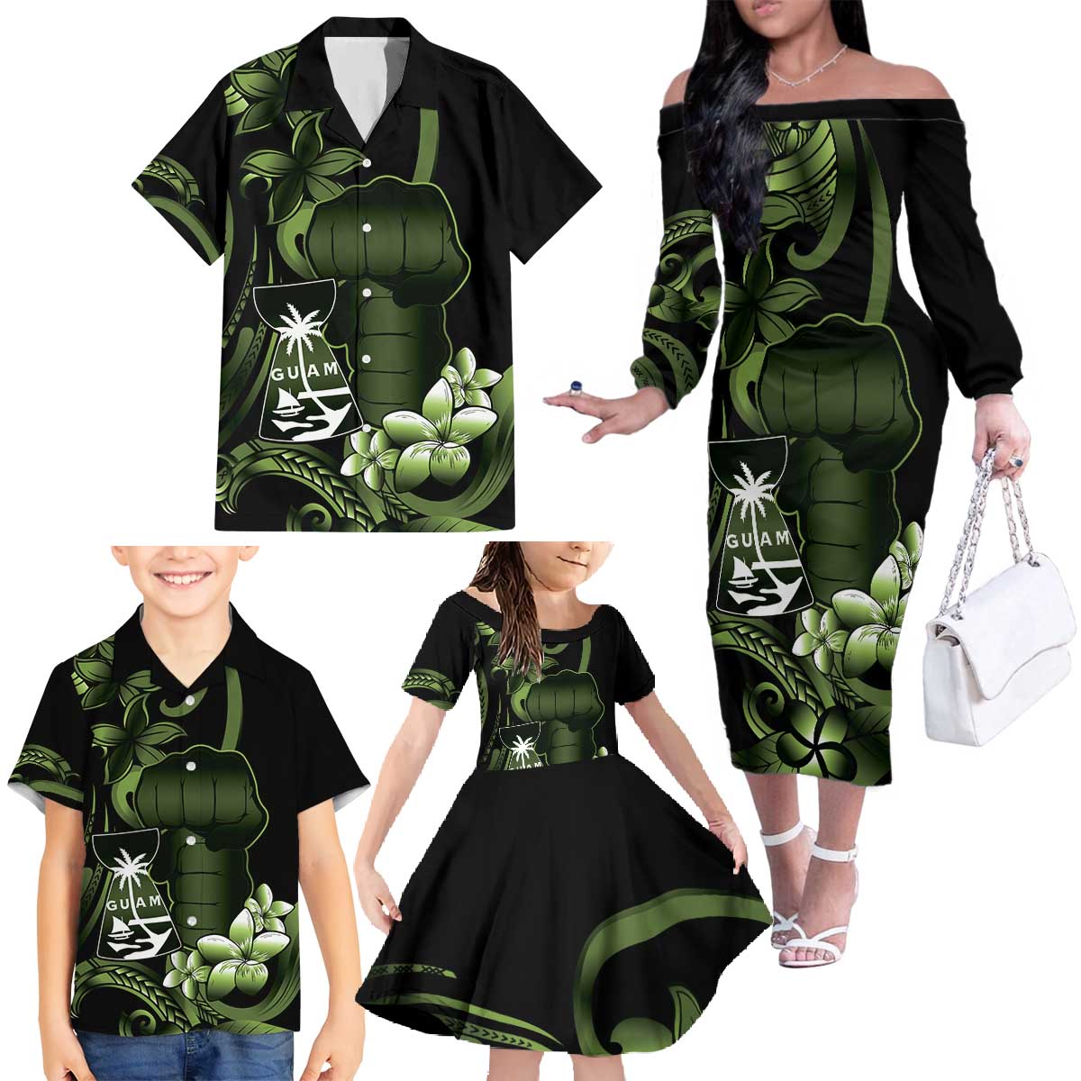Green Hafa Adai Guam Family Matching Off The Shoulder Long Sleeve Dress and Hawaiian Shirt Chamorro Latte Stone Hand With Plumeria LT14 - Polynesian Pride