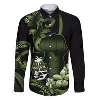 Green Hafa Adai Guam Family Matching Off The Shoulder Long Sleeve Dress and Hawaiian Shirt Chamorro Latte Stone Hand With Plumeria LT14 Dad's Shirt - Long Sleeve Green - Polynesian Pride