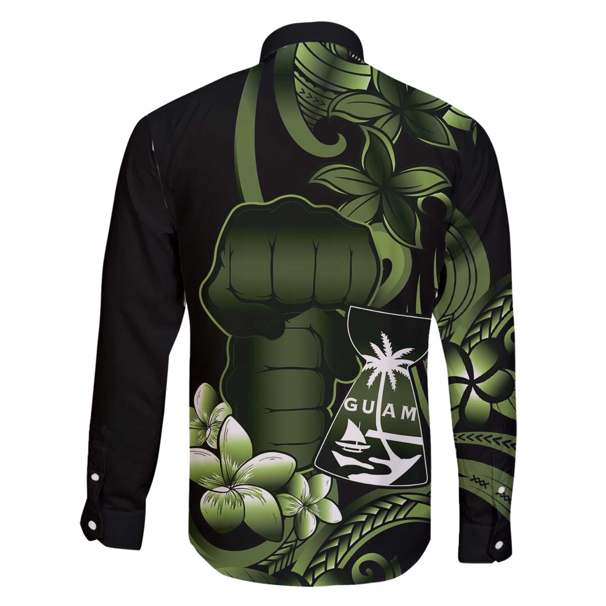 Green Hafa Adai Guam Family Matching Off The Shoulder Long Sleeve Dress and Hawaiian Shirt Chamorro Latte Stone Hand With Plumeria LT14 - Polynesian Pride