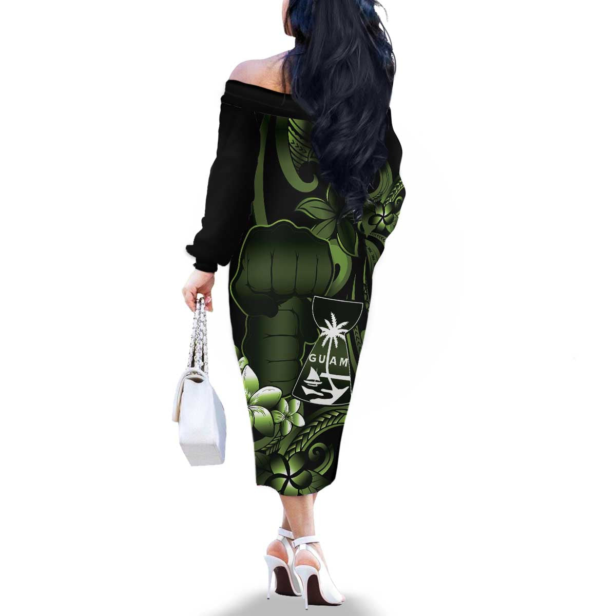 Green Hafa Adai Guam Family Matching Off The Shoulder Long Sleeve Dress and Hawaiian Shirt Chamorro Latte Stone Hand With Plumeria LT14 - Polynesian Pride