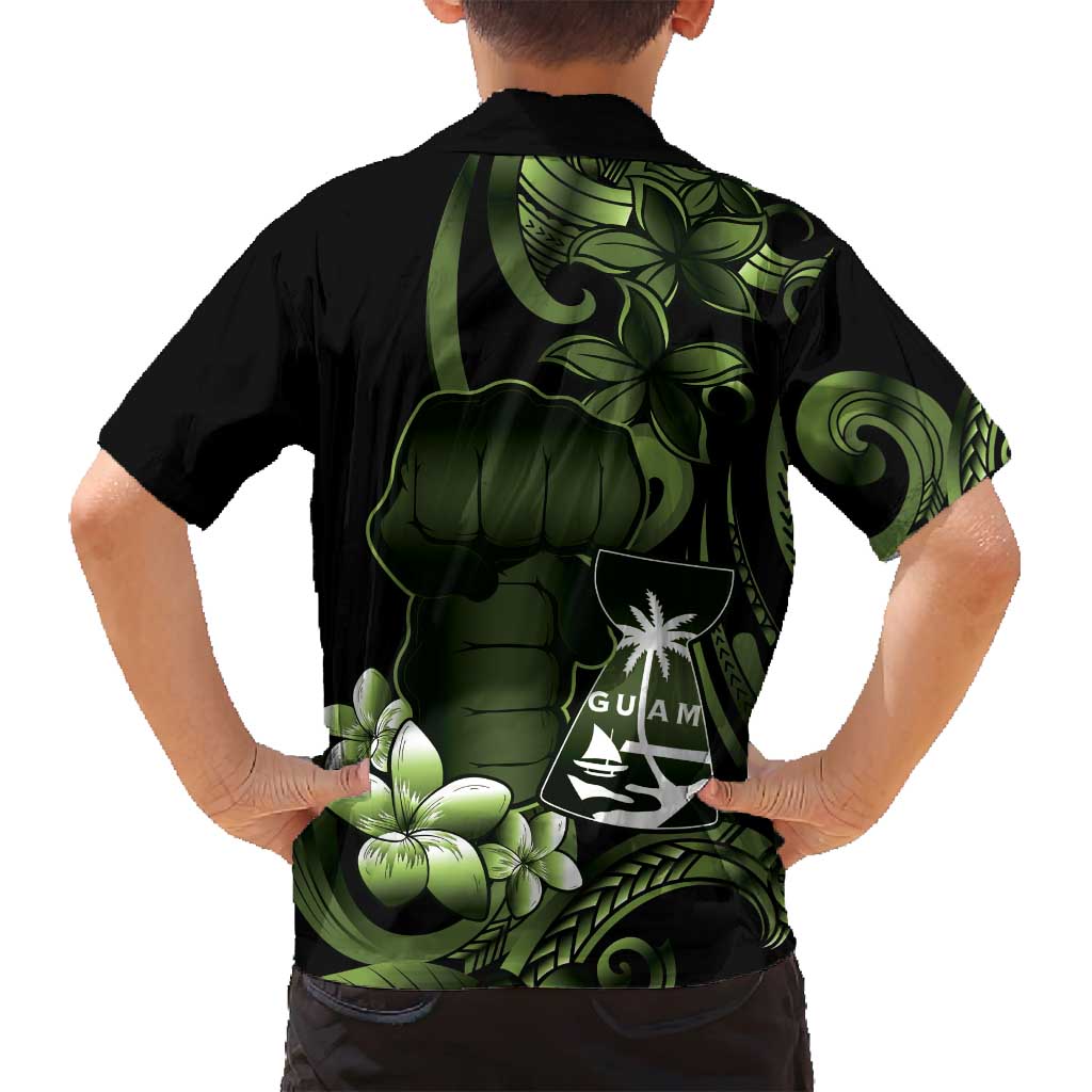 Green Hafa Adai Guam Family Matching Off Shoulder Maxi Dress and Hawaiian Shirt Chamorro Latte Stone Hand With Plumeria LT14 - Polynesian Pride