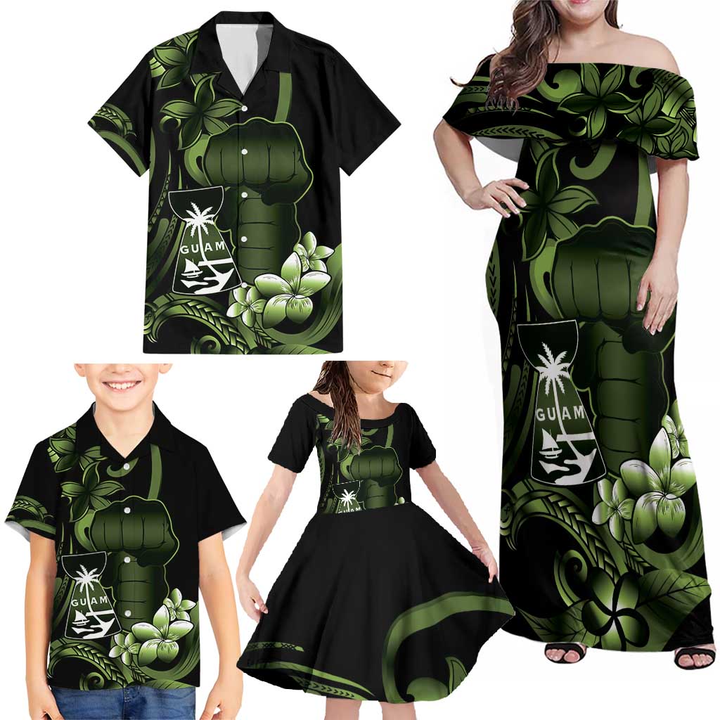 Green Hafa Adai Guam Family Matching Off Shoulder Maxi Dress and Hawaiian Shirt Chamorro Latte Stone Hand With Plumeria LT14 - Polynesian Pride