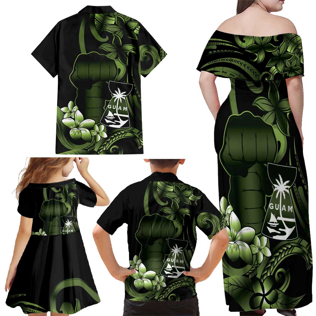 Green Hafa Adai Guam Family Matching Off Shoulder Maxi Dress and Hawaiian Shirt Chamorro Latte Stone Hand With Plumeria LT14 - Polynesian Pride