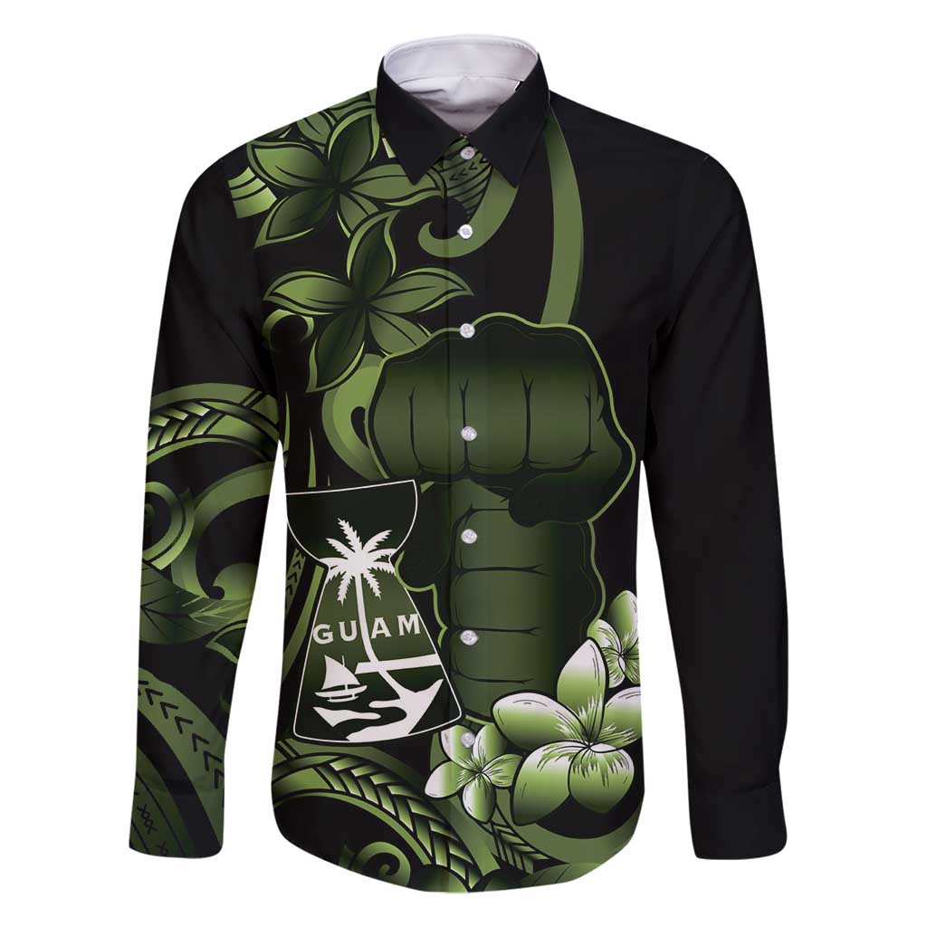 Green Hafa Adai Guam Family Matching Off Shoulder Maxi Dress and Hawaiian Shirt Chamorro Latte Stone Hand With Plumeria LT14 Dad's Shirt - Long Sleeve Green - Polynesian Pride