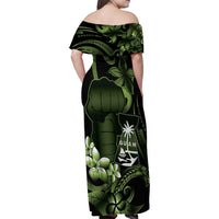 Green Hafa Adai Guam Family Matching Off Shoulder Maxi Dress and Hawaiian Shirt Chamorro Latte Stone Hand With Plumeria LT14 - Polynesian Pride