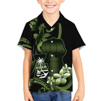 Green Hafa Adai Guam Family Matching Off Shoulder Maxi Dress and Hawaiian Shirt Chamorro Latte Stone Hand With Plumeria LT14 Son's Shirt Green - Polynesian Pride