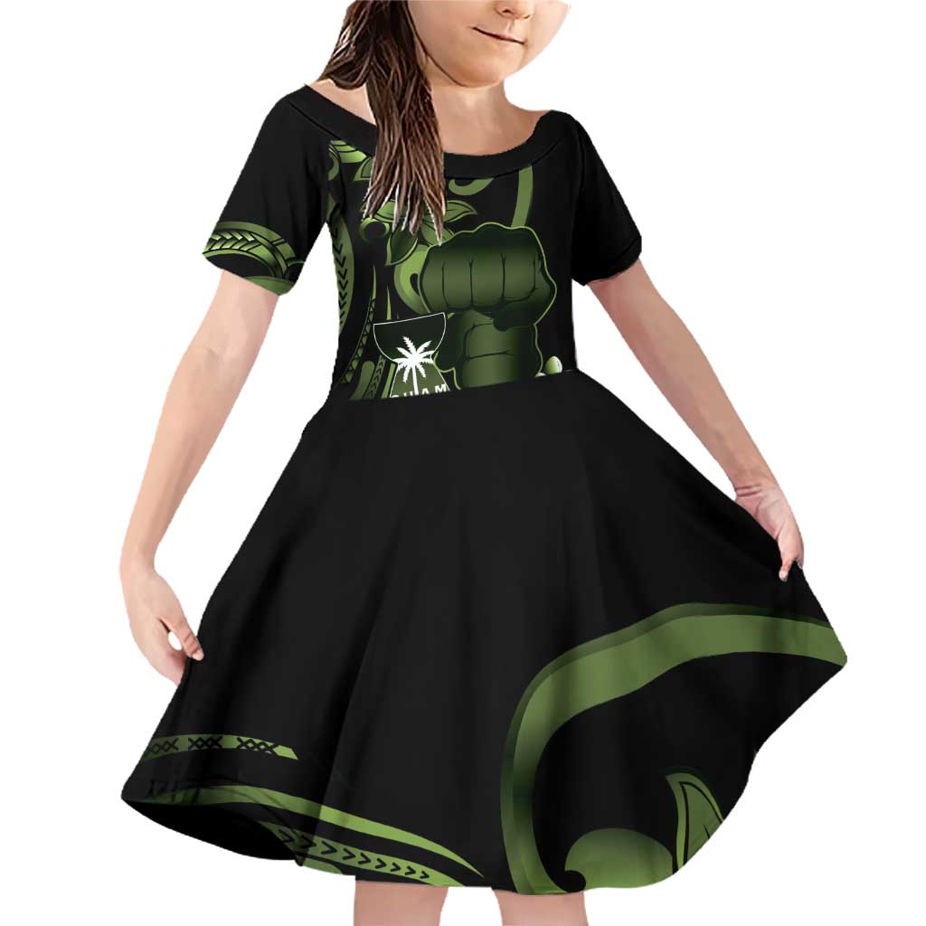 Green Hafa Adai Guam Family Matching Off Shoulder Short Dress and Hawaiian Shirt Chamorro Latte Stone Hand With Plumeria LT14 Daughter's Dress Green - Polynesian Pride