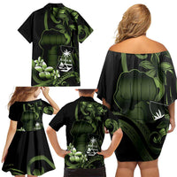 Green Hafa Adai Guam Family Matching Off Shoulder Short Dress and Hawaiian Shirt Chamorro Latte Stone Hand With Plumeria LT14 - Polynesian Pride