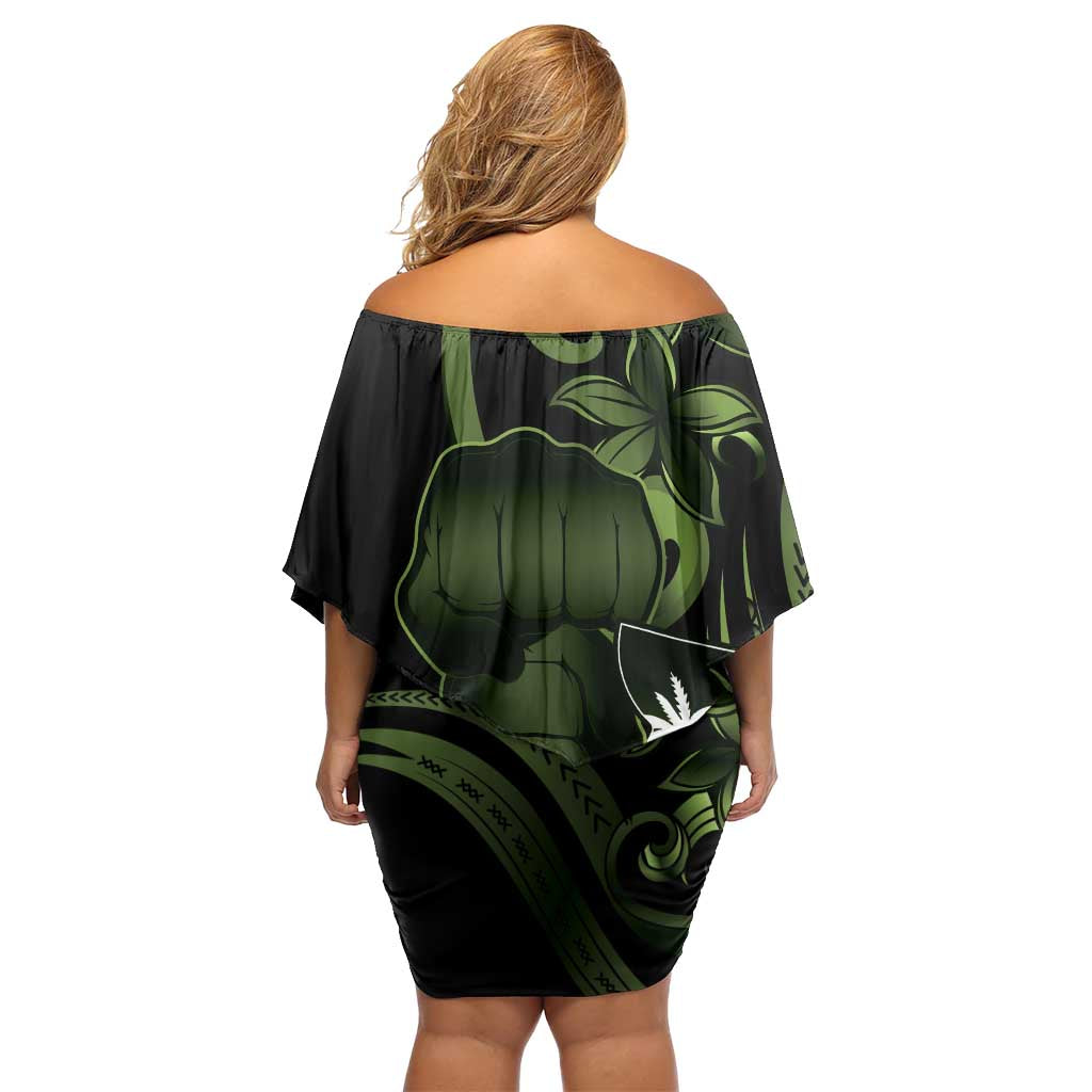 Green Hafa Adai Guam Family Matching Off Shoulder Short Dress and Hawaiian Shirt Chamorro Latte Stone Hand With Plumeria LT14 - Polynesian Pride