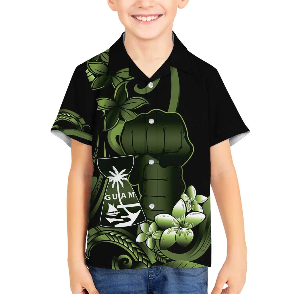 Green Hafa Adai Guam Family Matching Off Shoulder Short Dress and Hawaiian Shirt Chamorro Latte Stone Hand With Plumeria LT14 Son's Shirt Green - Polynesian Pride