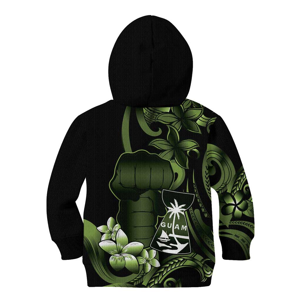 Green Hafa Adai Guam Kid Hoodie Chamorro Latte Stone Hand With Plumeria