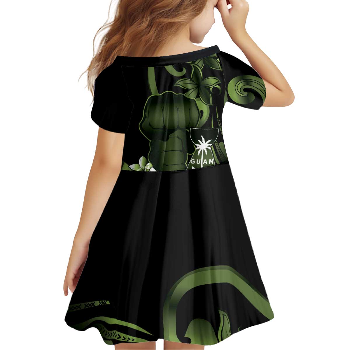 Green Hafa Adai Guam Kid Short Sleeve Dress Chamorro Latte Stone Hand With Plumeria