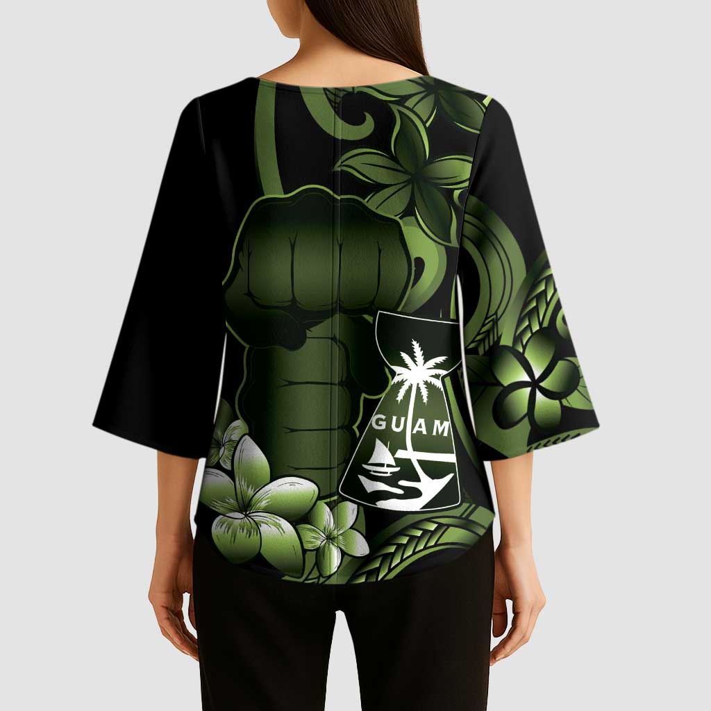 Green Hafa Adai Guam Kimono Sleeve Blouse Chamorro Latte Stone Hand With Plumeria - Polynesian Pride