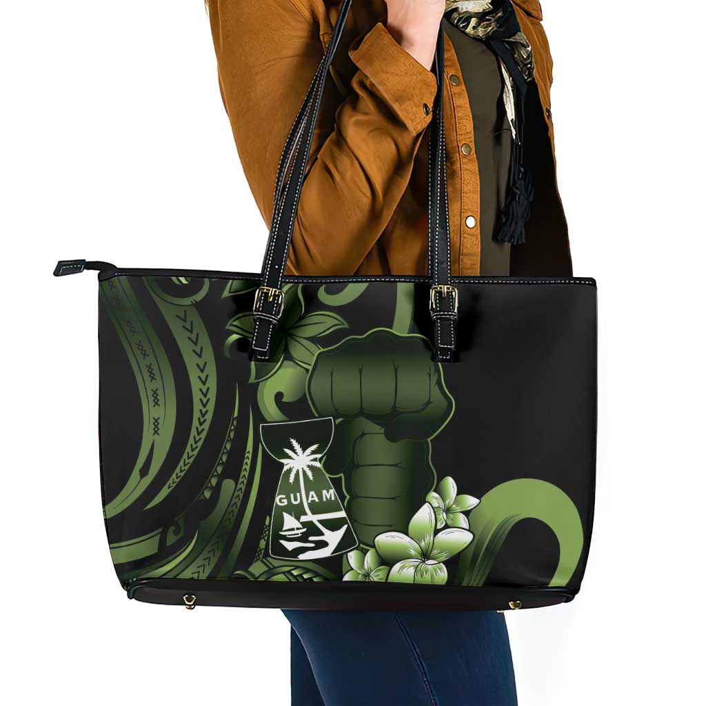 Green Hafa Adai Guam Leather Tote Bag Chamorro Latte Stone Hand With Plumeria