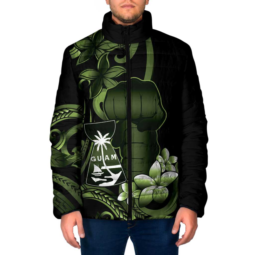 Green Hafa Adai Guam Padded Jacket Chamorro Latte Stone Hand With Plumeria - Polynesian Pride