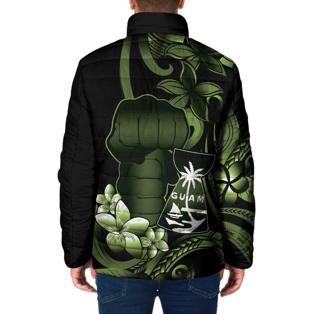 Green Hafa Adai Guam Padded Jacket Chamorro Latte Stone Hand With Plumeria - Polynesian Pride