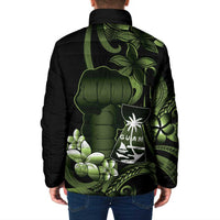 Green Hafa Adai Guam Padded Jacket Chamorro Latte Stone Hand With Plumeria - Polynesian Pride