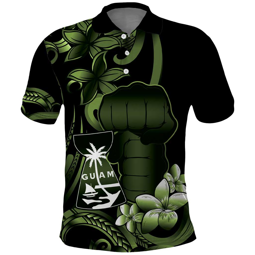 Green Hafa Adai Guam Polo Shirt Chamorro Latte Stone Hand With Plumeria LT14 Green - Polynesian Pride
