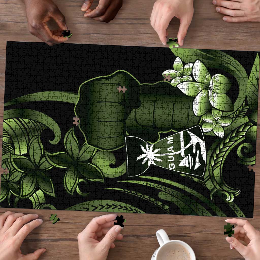 Green Hafa Adai Guam Puzzle Chamorro Latte Stone Hand With Plumeria - Polynesian Pride