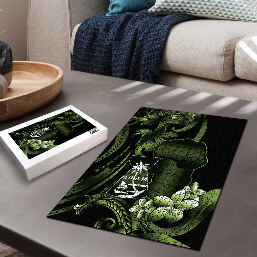 Green Hafa Adai Guam Puzzle Chamorro Latte Stone Hand With Plumeria - Polynesian Pride