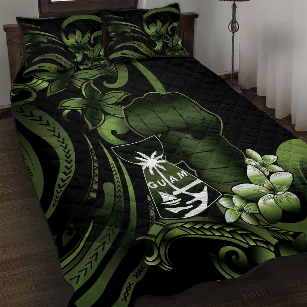 Green Hafa Adai Guam Quilt Bed Set Chamorro Latte Stone Hand With Plumeria